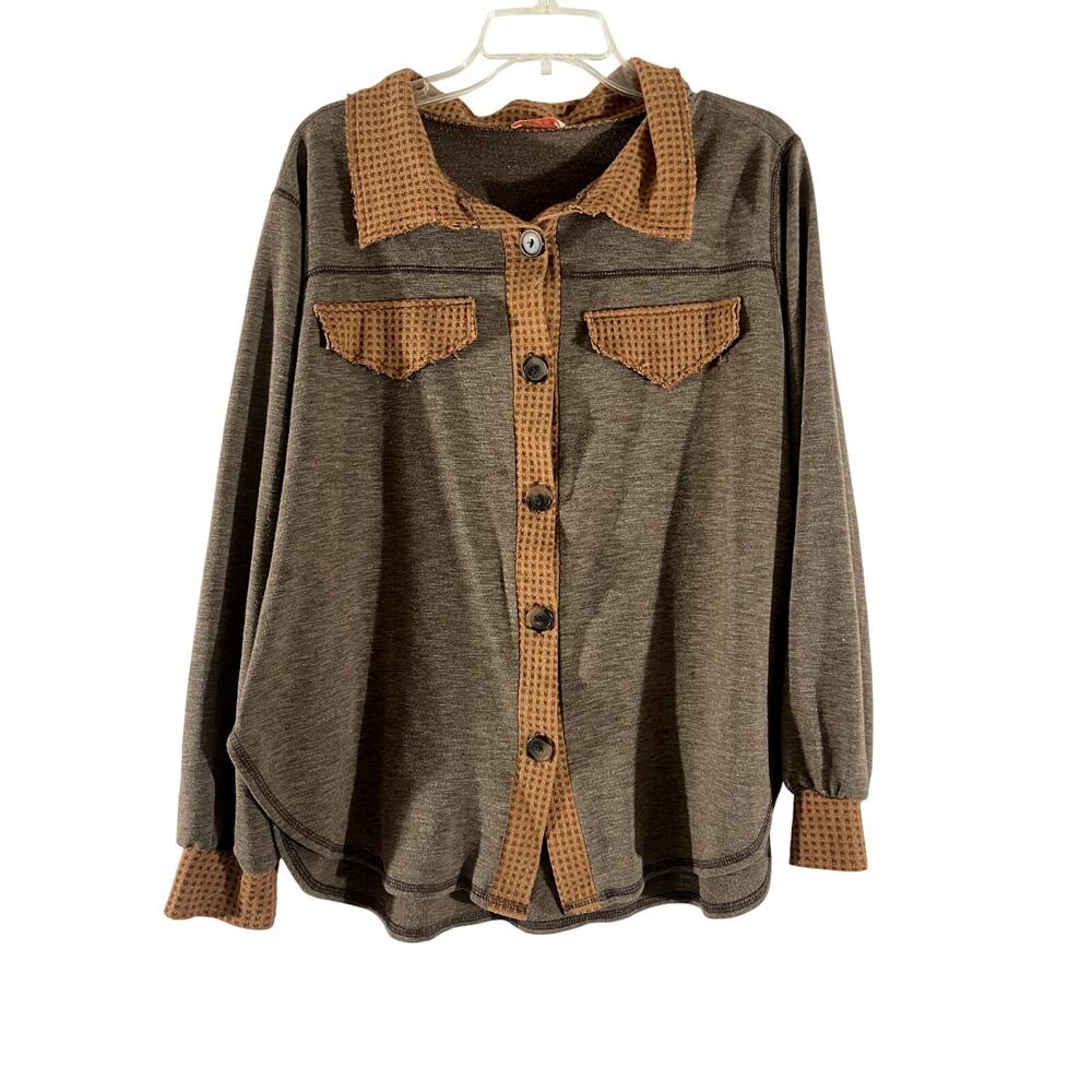 Harley & Co Blouse/Shirt Medium Button Down Waffle Knit Collared Brown =C